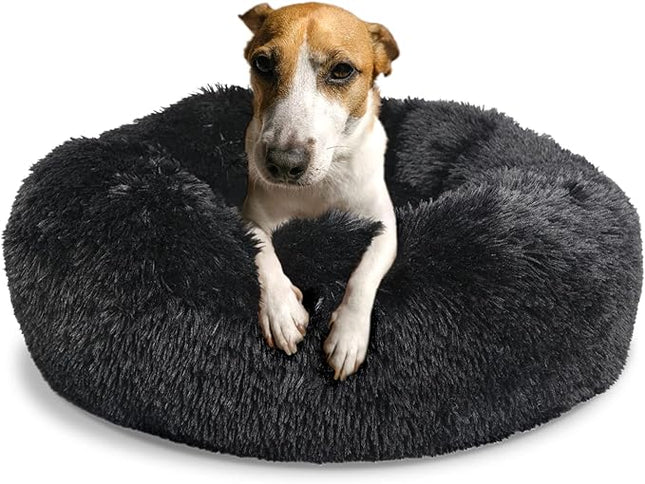 Dog Beds for Medium Dogs 30 Inches Black Fluffy and Soft Dog Bed Faux Fur Round Medium Sized Pet Bed for Dog