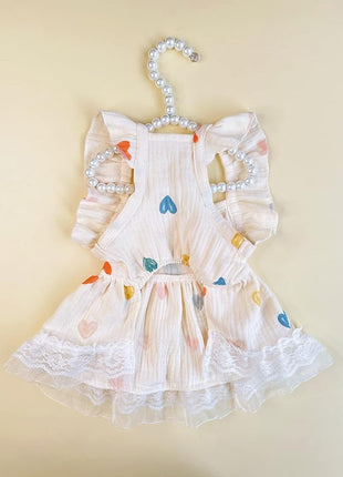 QWINEE Cute Heart Pattern Dog Dress Ruffle Trim Princess Dress Cat Vest Dress Lace Trim Summer Dress Pet Clothes for Small Medium Cats Dogs Kitten Puppy Yellow L