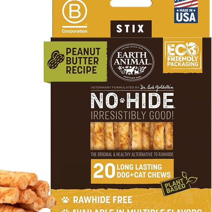 Earth Animal No Hide Stix - Long Lasting Rawhide Free Small Dog Chews Sticks, Peanut Butter - 20 Count Value Pack