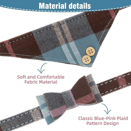 EXPAWLORER Dog Collar and Leash Set - Classic Plaid Dog Bow Tie and Dog Bandana Collar with Bell, Dog Leash Tangle Free, Adjustable Collars for Small Medium Large Dogs Cats, Holiday Ideal Gift