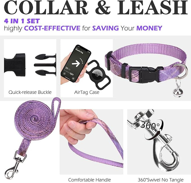 EXPAWLORER Classic Plaid Puppy Harness - Small Dog Harness and Leash Set - Dog Collar and Leash Set with AirTag Holder, Soft Padded Step in Dog Vest Harness No Pull Reflective for Outdoor, Purple XXS