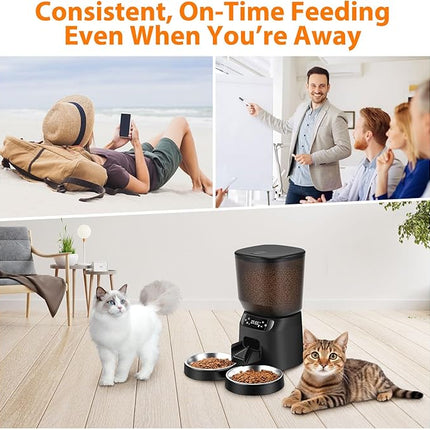 Automatic Cat Feeders for Two Cats, 5L/20 Cups Double Automatic Cat Food Dispenser with 2 Stainless Bowls, Timer Setting 20 Portions 6 Meals Per Day, 10s Meal Call, Pet Feeder for Dog (Black, 5L)