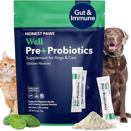 Honest Paws Probiotics for Dogs - Digestive & Immune Support Powder with Prebiotic Made in The USA, Chicken Flavor (30 Sticks)