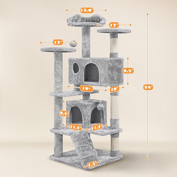 Yaheetech 54in Cat Tree Cat Tower w/Scratching Posts, Double Condos and Dangling Balls Kittens Pet House Play, Light Gray