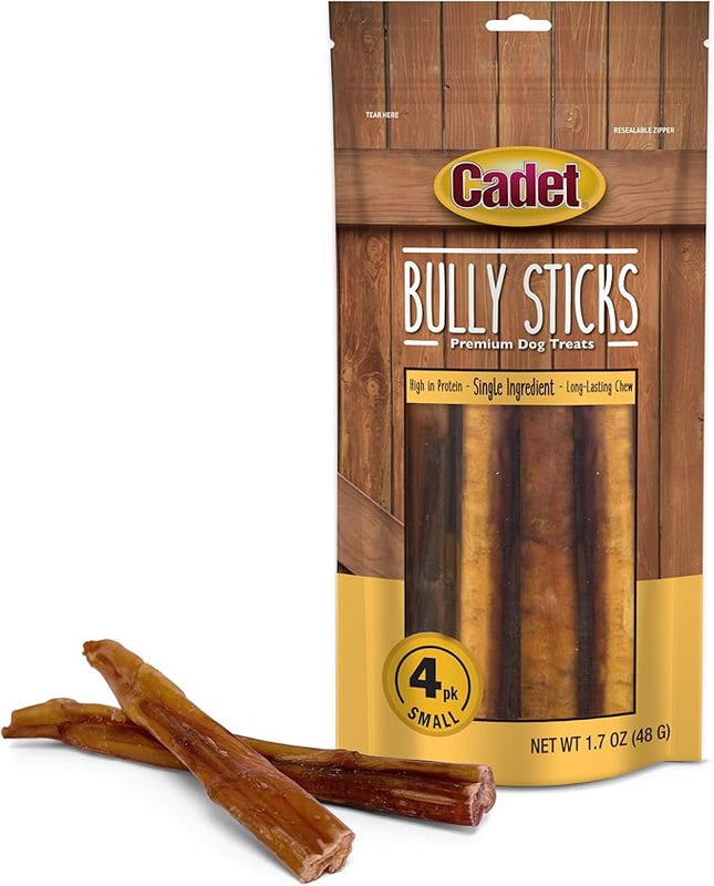 Cadet Bully Sticks for Small Dogs, All-Natural Beef Pizzle, Rawhide-Free Long-Lasting Dog Chews for Aggressive Chewers, 4 Count