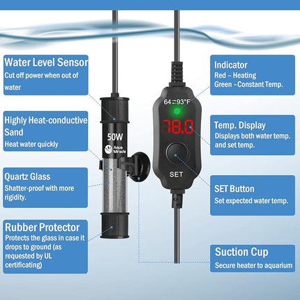 AquaMiracle Adjustable 50W Aquarium Heater Submersible Fish Tank Heater Super Short Aquarium Heater with LED Digital Display Thermostat, for Tanks 5-10 Gallons