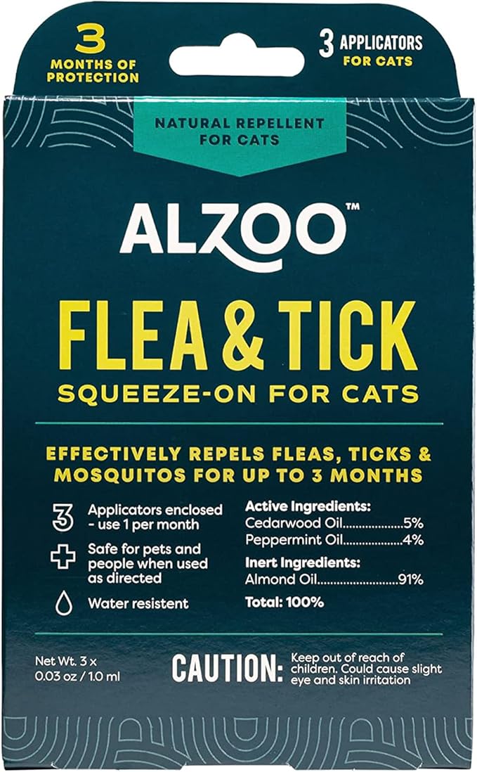ALZOO Natural Flea & Tick Squeeze-On for Cats, Helps Repel Fleas, Ticks & Mosquitos, Up to 3-Months Protection, Plant-Based Active Ingredients, Water-Resistant, 3 EZ-On Applicators Per Pack