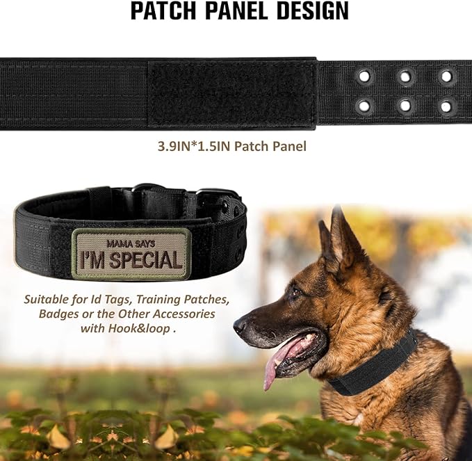 Tactical Dog Collar Military Adjustable Dog Collars Soft Nylon Training Collar with Patch Heavy Duty Metal Buckle Collars for Medium Large Dogs (Black, L)