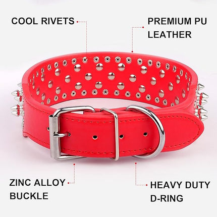 Epesiri Adjustable Wide Spiked Dog Collar, Mushroom Rivet PU Leather Cat Dog Collars, Durable Spike Studded Pet Collar for Small Medium Large Breed, Pitbull Mastiff Bulldog Pugs Husky Rottweiler, Red