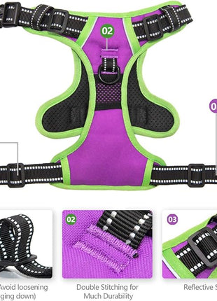 PHOEPET 2019 Upgraded No Pull Dog Harness, Reflective Adjustable Vest, with a Training Handle + 2 Metal Leash Hooks+ 3 Snap Buckles +4 Slide Buckles(S, Purple)