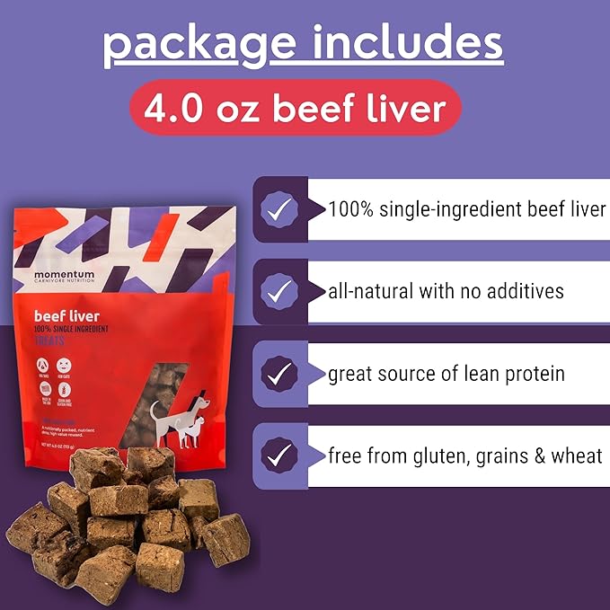 Momentum Carnivore Nutrition Freeze-Dried Beef Liver Dog Treats – Single-Ingredient, Dog & Cat Treats – High-Protein, Grain-Free– 4 oz Bag