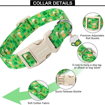 ARING PET St Patrick's Day Dog Collar-Green Lucky Clovers Dog Collars, Adjustable Shamrock Pet Collars Trefoil Puppy Collar Gifts with Quick Release Buckle for Girl&Boy Dogs