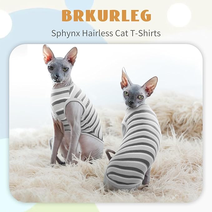 BRKURLEG Hairless Cats T Shirt, Cat Sweaters, Pullover Kitten Shirts, Sleeveless Round Collar Cotton Vest for Cornish Rex Devon Rex Peterbald and Small Dogs Sweater(Grey Stripes, M)