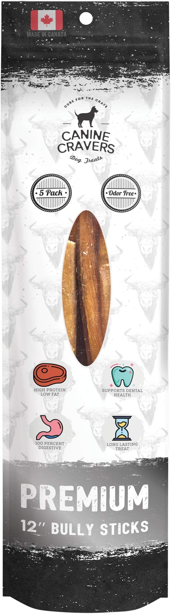 Canine Cravers Maplewood Smoked Bully Sticks 12” Inch - 100% Natural Free Range Grass Fed Beef - Made in Canada Odor-Reduced Long Lasting, Rawhide Free Dog Chews High Protein Low Fat Dental Care