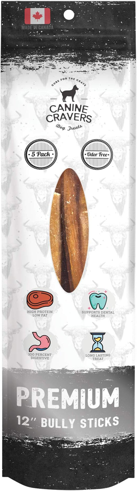Canine Cravers Maplewood Smoked Bully Sticks 12” Inch - 100% Natural Free Range Grass Fed Beef - Made in Canada Odor-Reduced Long Lasting, Rawhide Free Dog Chews High Protein Low Fat Dental Care