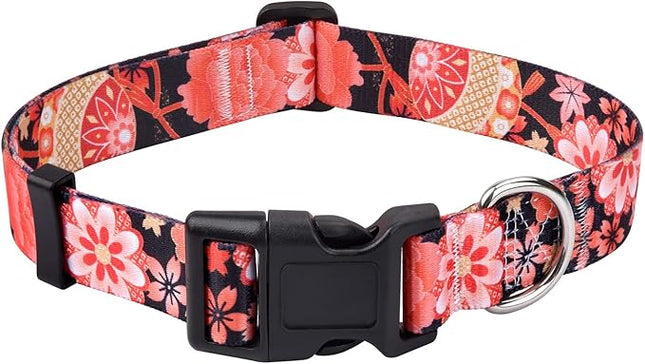 Dog Collar with Bohemia Floral Tribal Geometric Patterns - Soft Ethnic Style Collar Adjustable for Small Medium Large Dogs(Red Flower A,M)
