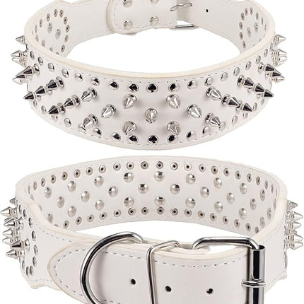 Hoot PU Leather Adjustable Spiked Studded Dog Collar 2" Wide 43 Spikes (L(Neck 21"-24"), White)