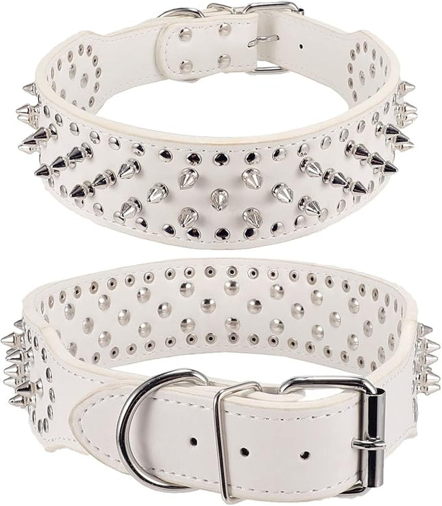 Hoot PU Leather Adjustable Spiked Studded Dog Collar 2" Wide 25 Spikes (XS(Neck 15"-18"), White)
