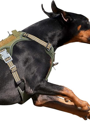 BUMBIN Tactical Dog Harness for Large Dogs, No Pull, Reflective, Green, L(Neck:19-25", Chest:21-35")
