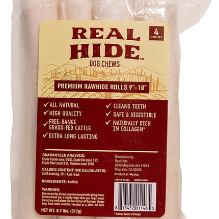 | All Natural Dog Chew Treats - Premium Rawhide Rolls, 9-10 Inch - Long Lasting Grass Fed Free Range Beef Hide - Medium/Large Dogs - 4 Count