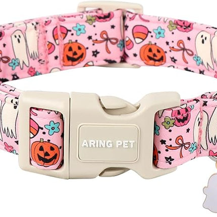 ARING PET Halloween Dog Collars, Cute Pink Pumpkin Ghost Flower Bowtie Pet Collar with Quick Release Buckle for Small Medium Large Girl Boy Dogs-M