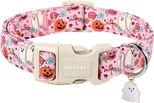 ARING PET Halloween Dog Collars, Cute Pink Pumpkin Ghost Flower Bowtie Pet Collar with Quick Release Buckle for Small Medium Large Girl Boy Dogs-M