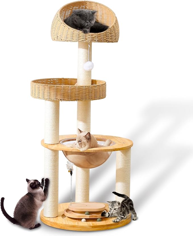 Large Cat Tree for Multiple Cats, Handmade with Natural Materials, Thick Scratching Posts, Stable & Sturdy Wooden Cat Scratcher, Stylish Nordic Design for Climbing & Play