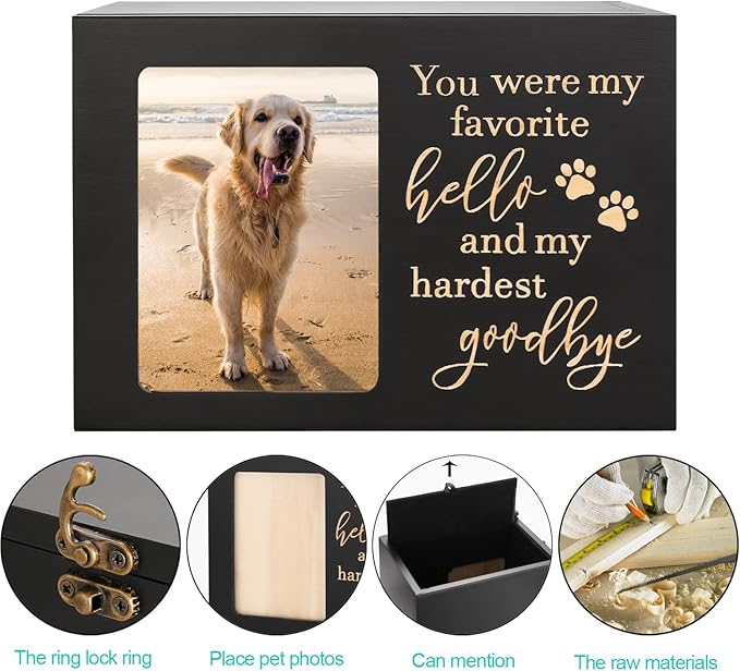 Pet Memorial Urns for Dog or Cat Ashes, XLarge Wooden Funeral Cremation Urns with Photo Frame, Keepsake Memory Box with Black Flannel Lining