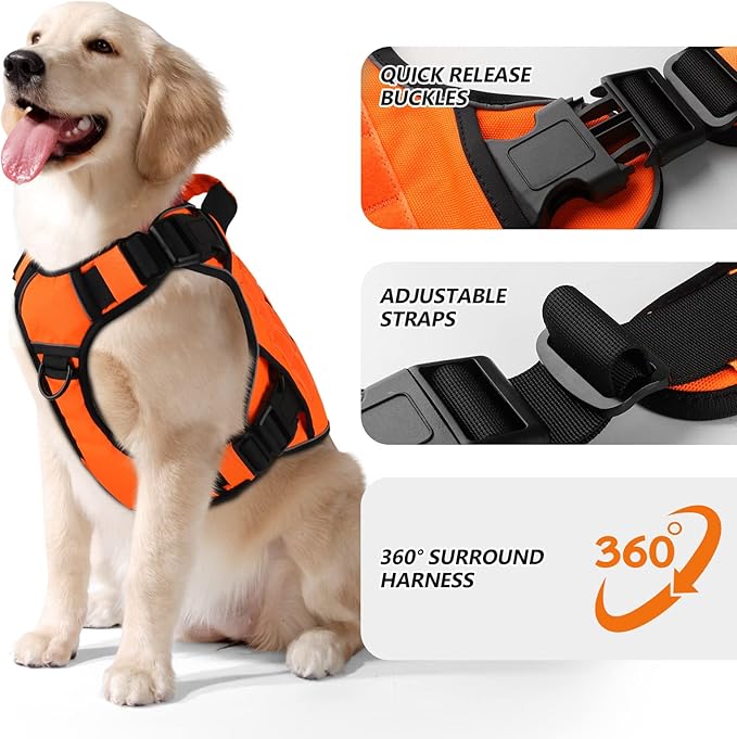 WINGOIN Tactical Dog Harness for Extra Large Dogs, Heavy Duty No Pull Dog Harness with Handle, Adjustable Reflective Military K9 Big Dog Vest for Great Dane, Walking, Training, Hunting, Orange (XXL)