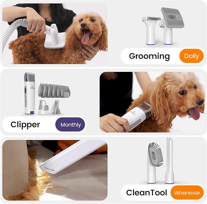 oneisall Dog Grooming Vacuum, Pet Grooming Vacuum with Clipper Nail Grinder, 1.5L Dust Cup Dog deshedding Vacuum Brush with 7 Pet Grooming Tools for Shedding Pet Hair, Home Cleaning(Purple)