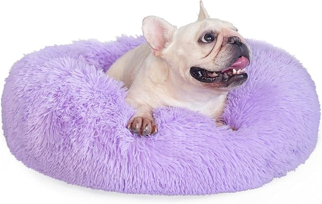 Purple Dog Bed Medium Size Dog 23 Inch Anti-Anxiety Donut Dog Cuddler Bed, Warming Cozy Soft Fluffy Faux Fur Plush