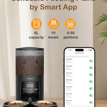 Automatic Cat Feeder 2 Cats - 5G WiFi Pet Feeder with APP Control, 6L Dry Food Dog Feeder with Blockage Alarms, 1-10 Meals Per Day