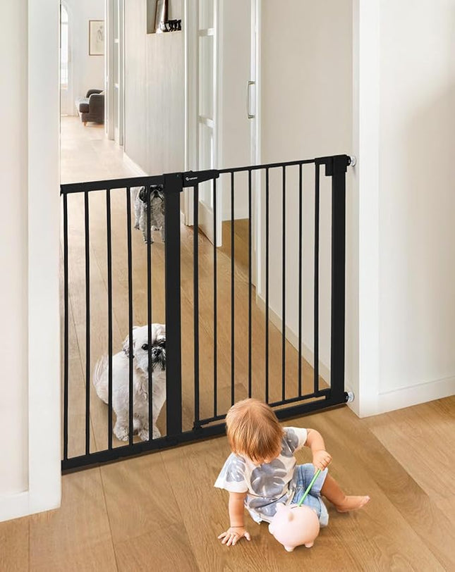 COMOMY 36" Extra Tall Baby Gate for Stairs Doorways, Fits Openings 29.5" to 46" Wide, Auto Close Extra Wide Dog Gate for House, Pressure Mounted Easy Walk Through Pet Gate with Door, Black
