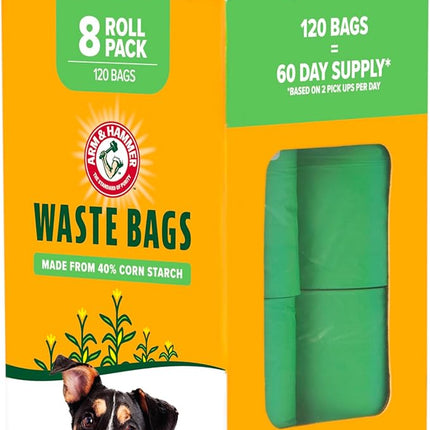 Arm & Hammer Dog Poop Leakproof Plant Based 120 Count Waste Bags, Unscented, Made From 40% Corn Starch With Activated Baking Soda, Pack of 8, Green