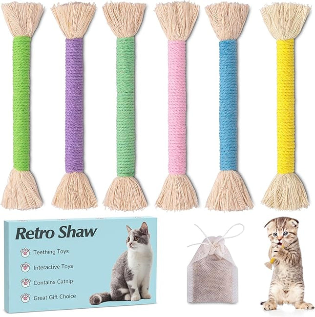 Retro Shaw Kitten Toys 4Pcs, Cat Chew Ropes with Refillable Natural Catnip, Safe Teeth Cleaning Kitty Toys for Indoor Cats Nip Kicker Interactive Pet Toy