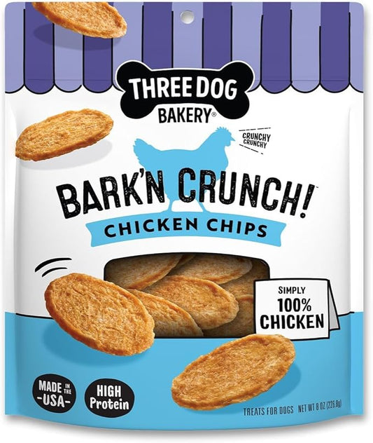 Three Dog Bakery Bark’N Crunch! Chicken Chips, Medium 8oz, Crunchy Dog Treats, Single Ingredient, High Protein Snacks, Chicken Treats, Low Calorie Healthy Training Treat, Made in The USA