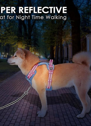 PHOEPET No Pull Dog Harness, Unique Colors Reflective Adjustable Dog Vest, with Soft Training Handle Metal Clips for Small Medium Large Dogs (Baby Blue Base & Pink Straps,S)