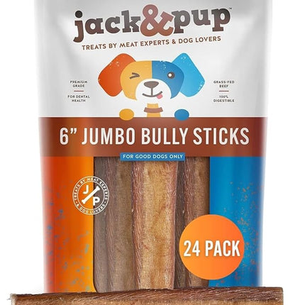 Jack&Pup 6 Inch Jumbo Bully Sticks for Dogs (24 Pack) Single Ingredient Dog Bully Sticks for Large Dogs and Aggressive Chewers