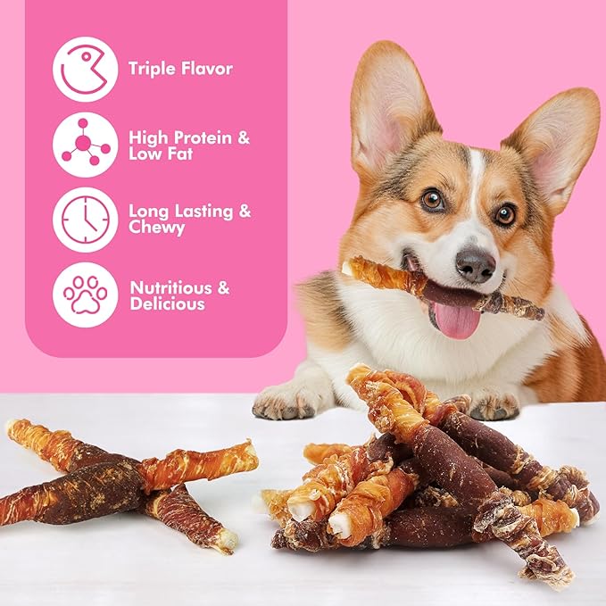 Dog Treats, Triple Flavor Rawhide Sticks, Chicken Duck and Chicken Liver Wrapped Rawhide Dog Chews, Suitable for Medium and Small Dogs, 21.16 oz