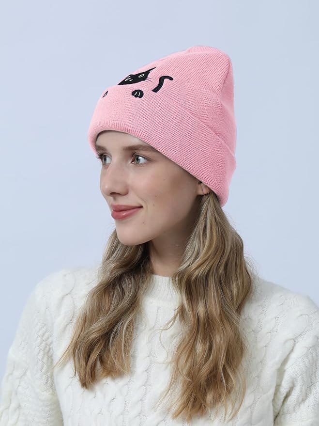 Women’s Cat Beanie Cute Cat Lover Gifts Animal Knitted Hats Christmas Stocking Stuffers for Women Girls