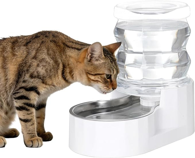 RIZZARI Gravity Water Bowl Dispenser: 4L Automatic Stainless Steel Water Feeder Without Filter - White Pet Waterer for Senior Dogs with Spine Problems - in Bedroom Garden