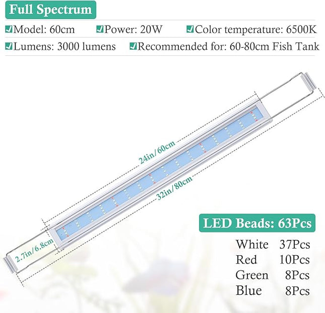 HITOP Full Spectrum LED Aquarium Light – 24-32" Classic Fish Tank Light with Timer, Aquarium Plant Light with Stable Extendable Brackets (24-32in)