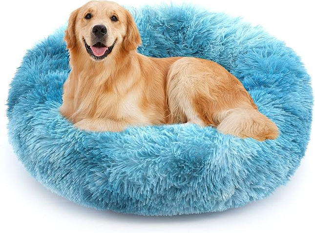 NOYAL Calming Donut Dog Bed for Small to Medium Dogs & Cats - Plush Faux Fur Anti-Anxiety Pet Bed with Machine Washable Cover & Non-Slip Base