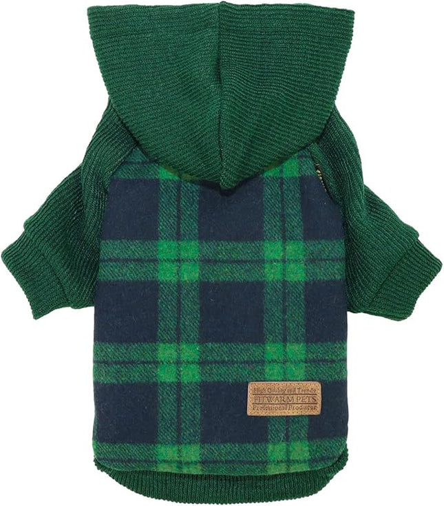 Fitwarm Tartan Plaid Dog Hoodie, Knitted Dog Clothes for Small Dogs Boy, Pet Sweater with Hood, Cat Winter Outfit, Green, XL