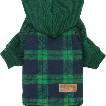 Fitwarm Tartan Plaid Dog Hoodie, Knitted Dog Clothes for Small Dogs Boy, Pet Sweater with Hood, French Bulldog Winter Outfit, Green, Large