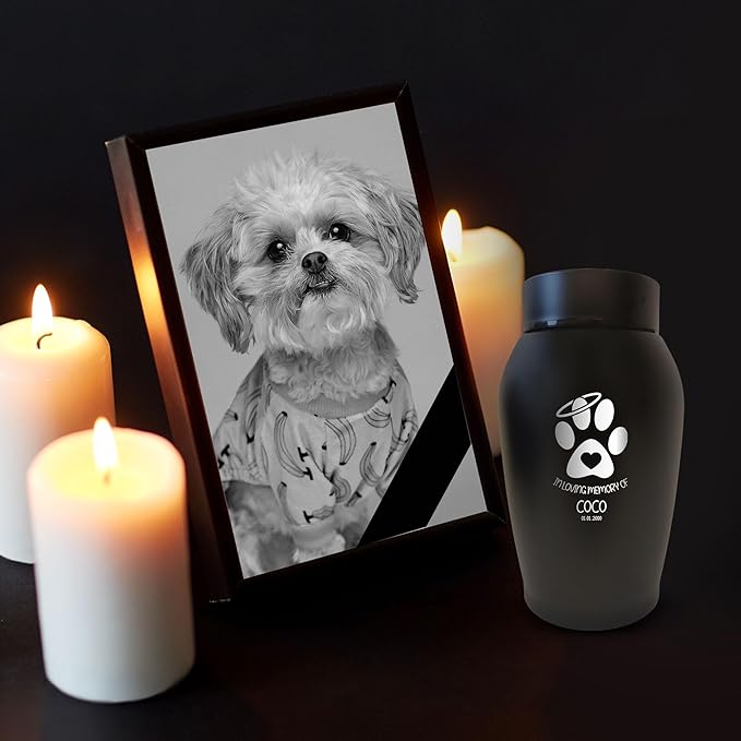 Personalized Custom Small Keepsake Urn Engraved with Pet Name, Date, and Dog Design - 5.2" Black Powder Coated Steel Cremation Urn for Dogs Ashes | 12-16 lb Capacity, Paw Prints on Hearts
