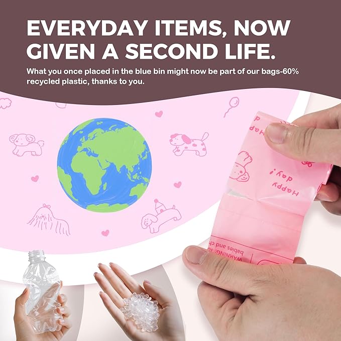 Pink Poop Bags for Dogs - 128 Count, 60% Recycled Plastic Baby Powder Scented Dog Poop Bags - Easy-Peel Sticker, Leak-Proof, Extra Strong & Thick - Perfect for Diapers, Cat Litter (8 Rolls)
