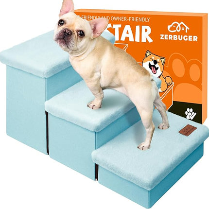 Dog Stairs with Furry Lids 18" H, 3-Step Wider Dog Steps with Storage for Small/Medium/Large Old Dogs Cats, Folding Sturdy Pet Stairs Climbing Bed Couch, Ramp for Car Up to 200 lbs, Baby Blue