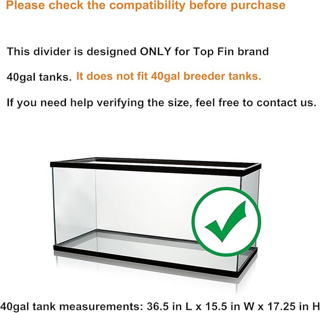 Acrylic Aquarium Divider Kit 5.5/10 / 20L / 20H / 29 / 40B / 55/75 / 125gal Fish Tank with Suction Cups (40gal Top Fin)