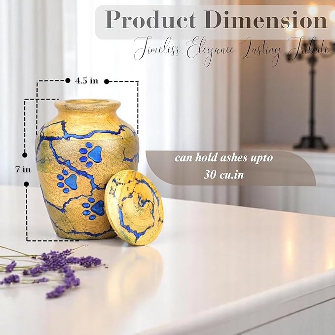 Pet Cremation Urn for Ashes with Epoxy Resin Paw Prints – Handcrafted Memorial Keepsake for Dogs & Cats – Decorative Pet Loss Tribute with Secure Lid